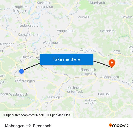 Möhringen to Birenbach map