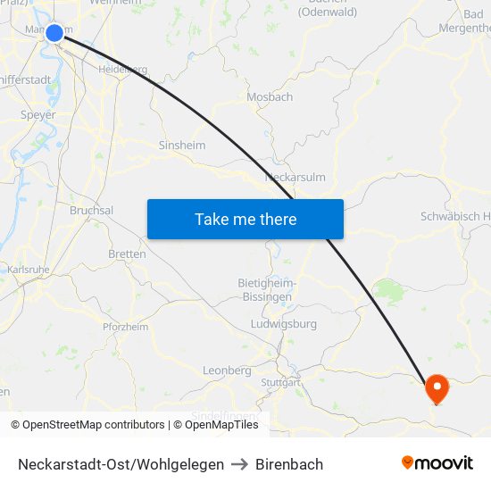 Neckarstadt-Ost/Wohlgelegen to Birenbach map