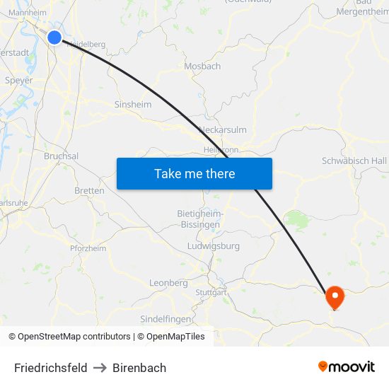 Friedrichsfeld to Birenbach map