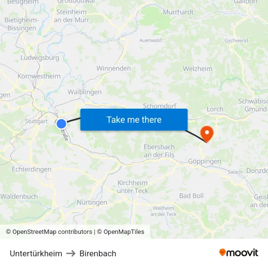 Untertürkheim to Birenbach map