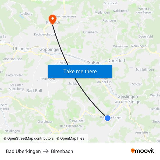 Bad Überkingen to Birenbach map