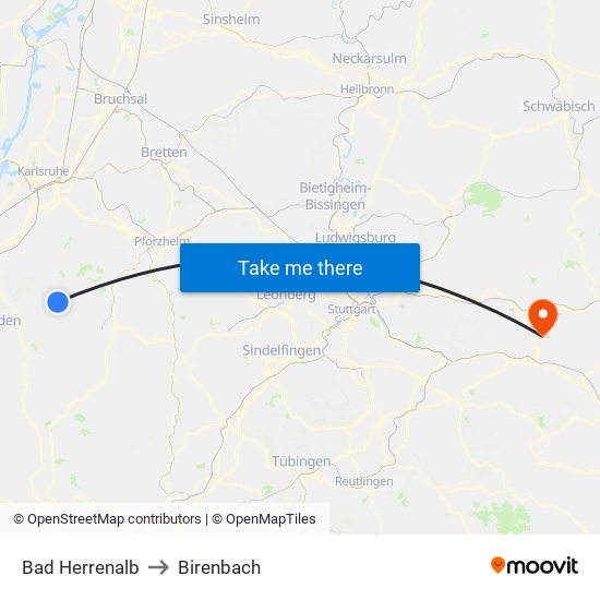 Bad Herrenalb to Birenbach map