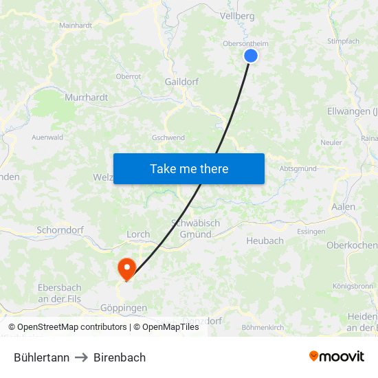Bühlertann to Birenbach map