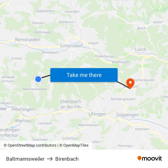 Baltmannsweiler to Birenbach map