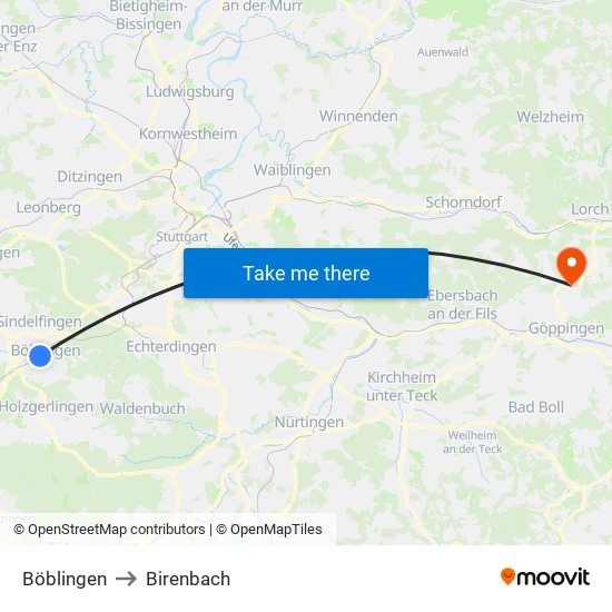 Böblingen to Birenbach map