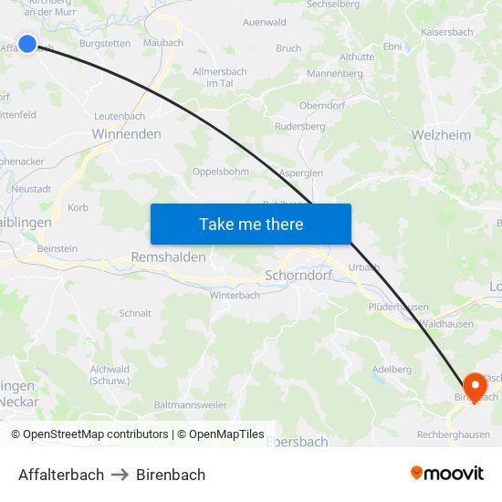 Affalterbach to Birenbach map