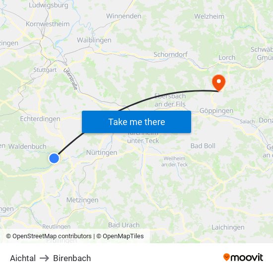Aichtal to Birenbach map