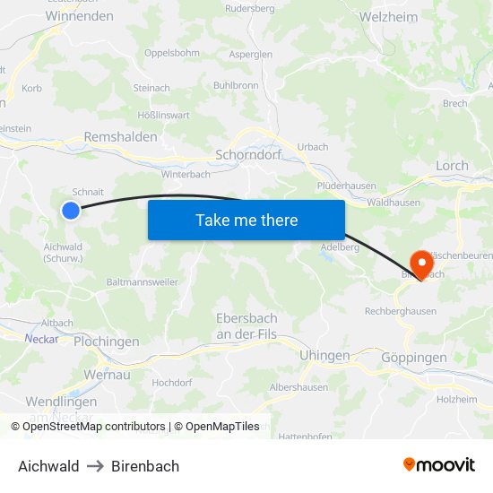 Aichwald to Birenbach map