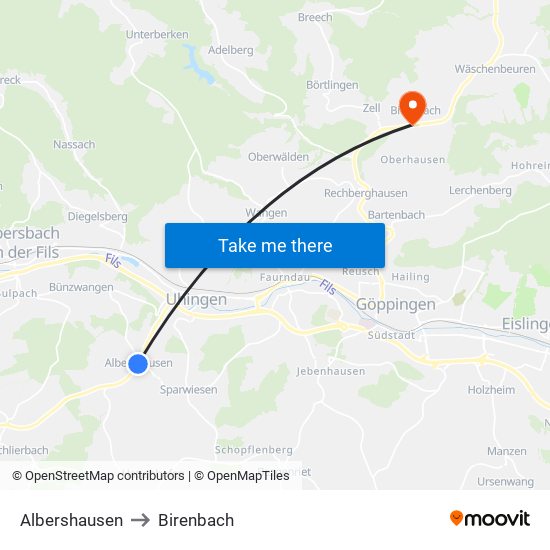 Albershausen to Birenbach map