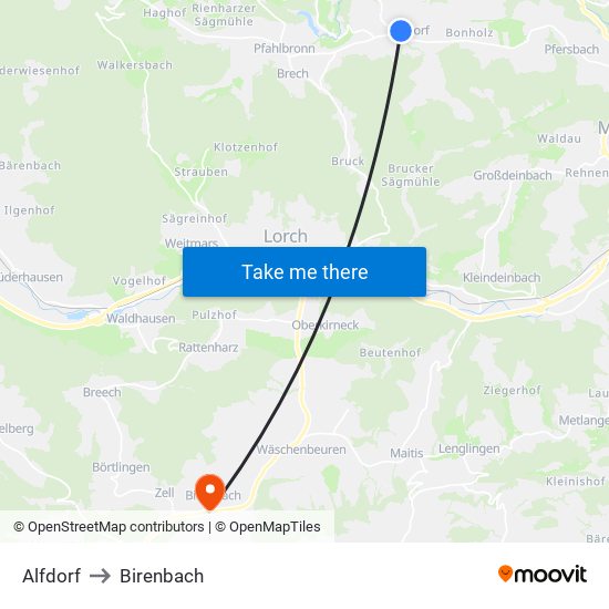 Alfdorf to Birenbach map