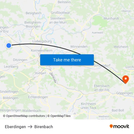 Eberdingen to Birenbach map