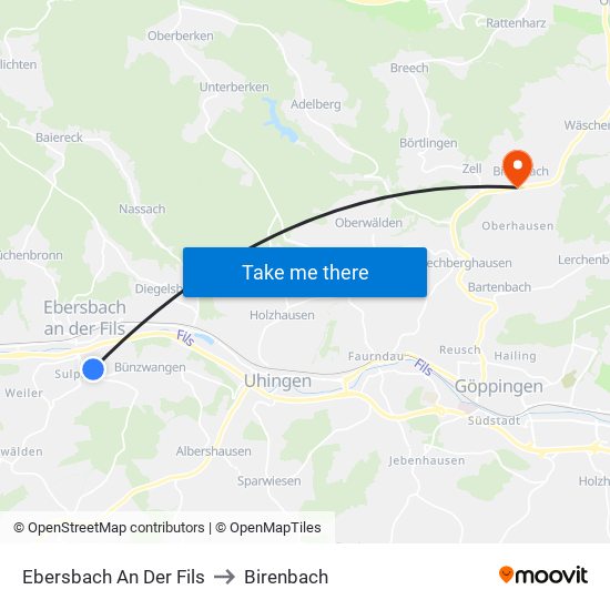 Ebersbach An Der Fils to Birenbach map