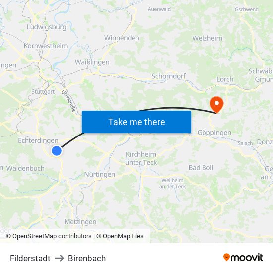 Filderstadt to Birenbach map