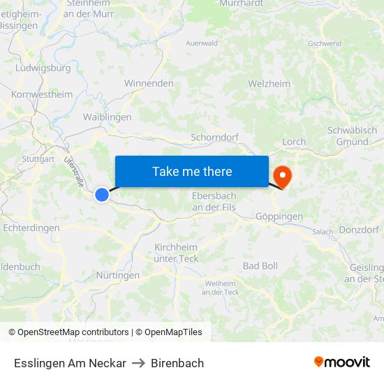 Esslingen Am Neckar to Birenbach map
