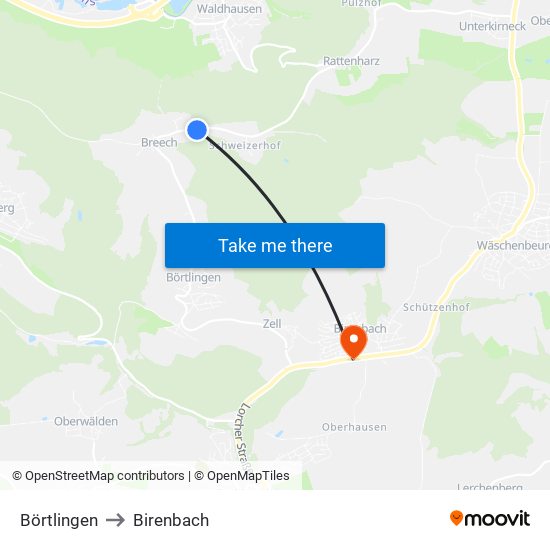 Börtlingen to Birenbach map