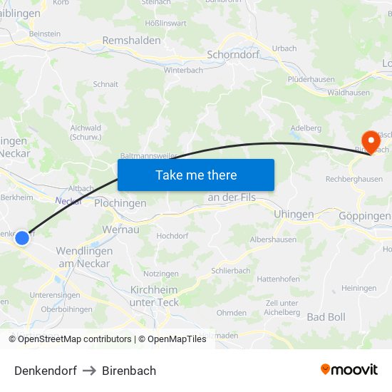 Denkendorf to Birenbach map
