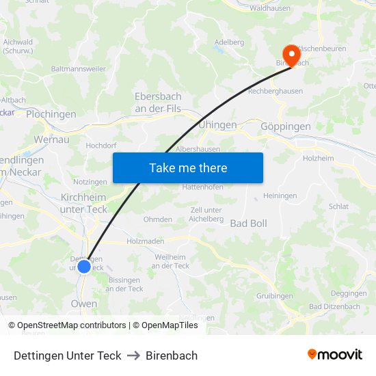 Dettingen Unter Teck to Birenbach map