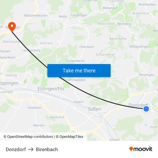 Donzdorf to Birenbach map