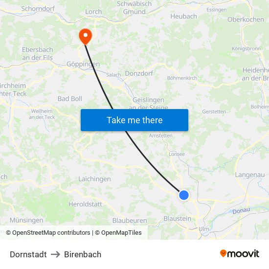 Dornstadt to Birenbach map