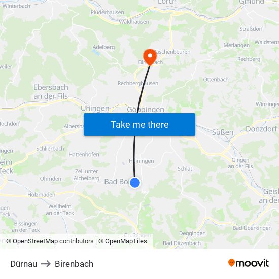 Dürnau to Birenbach map