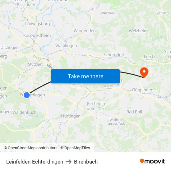 Leinfelden-Echterdingen to Birenbach map