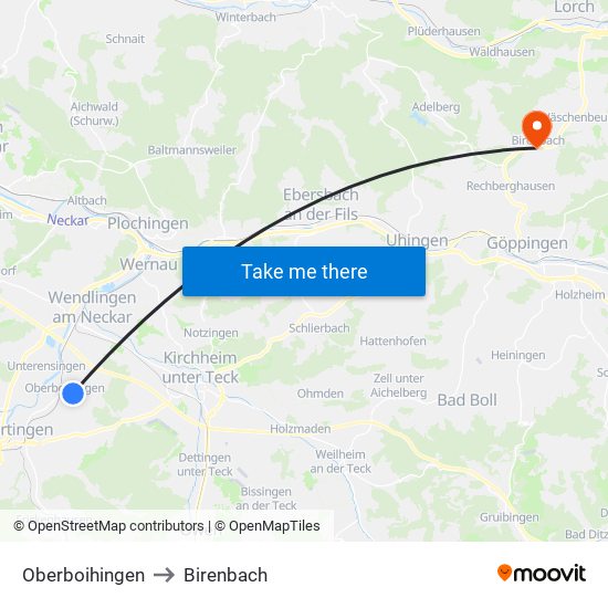 Oberboihingen to Birenbach map