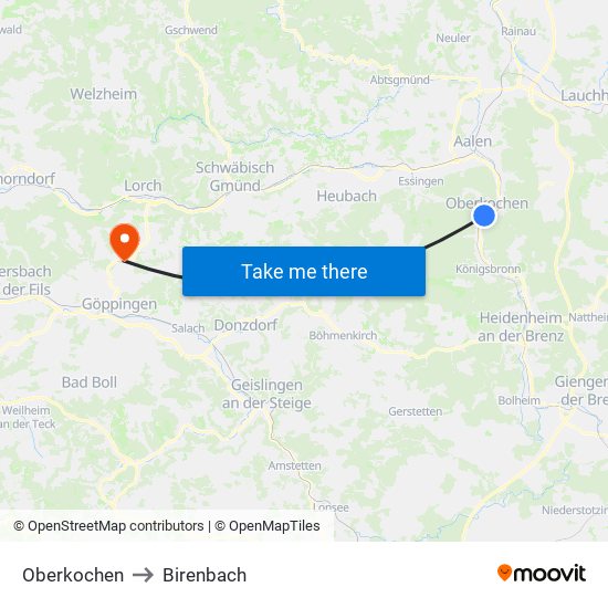 Oberkochen to Birenbach map