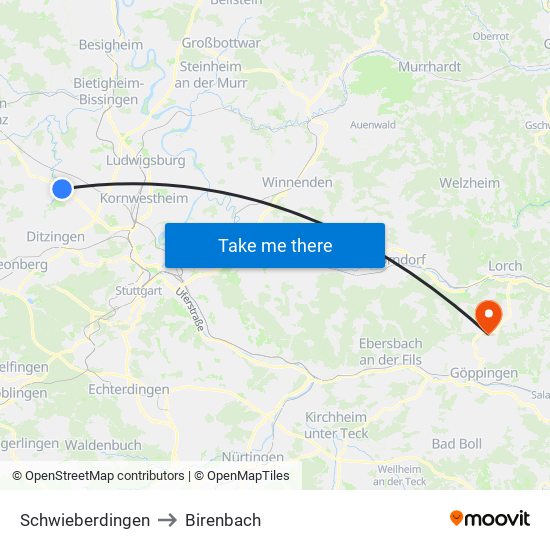 Schwieberdingen to Birenbach map