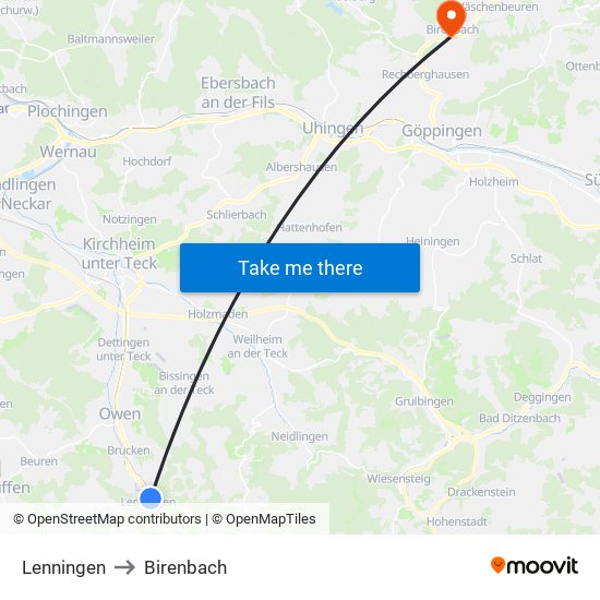 Lenningen to Birenbach map