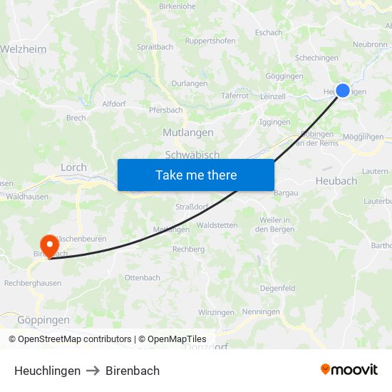 Heuchlingen to Birenbach map