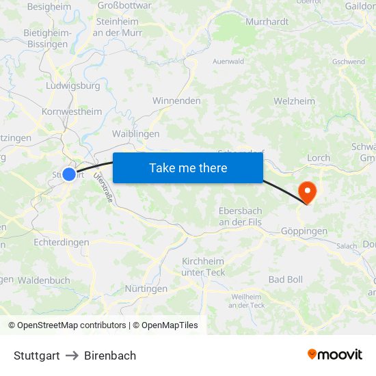 Stuttgart to Birenbach map