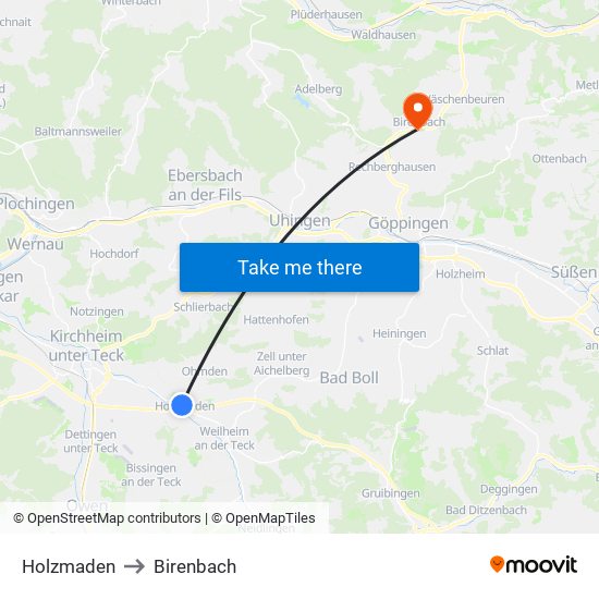 Holzmaden to Birenbach map