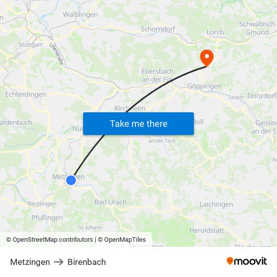 Metzingen to Birenbach map