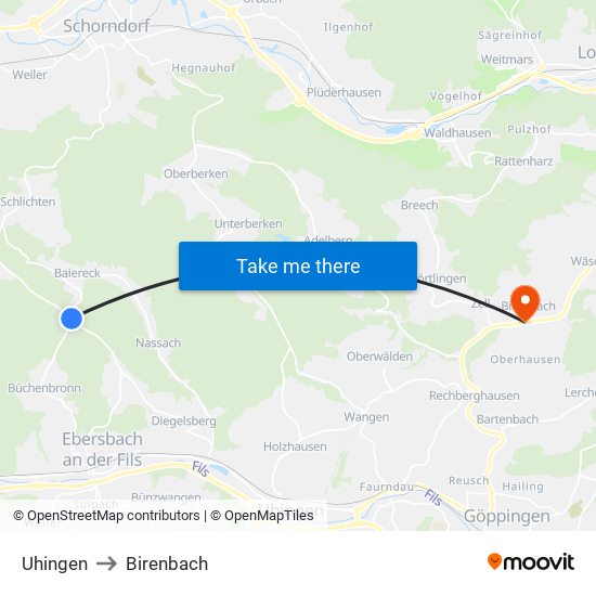 Uhingen to Birenbach map