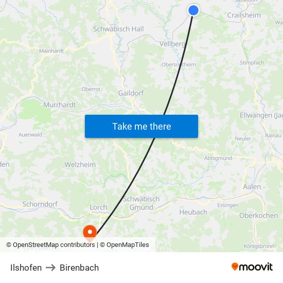 Ilshofen to Birenbach map