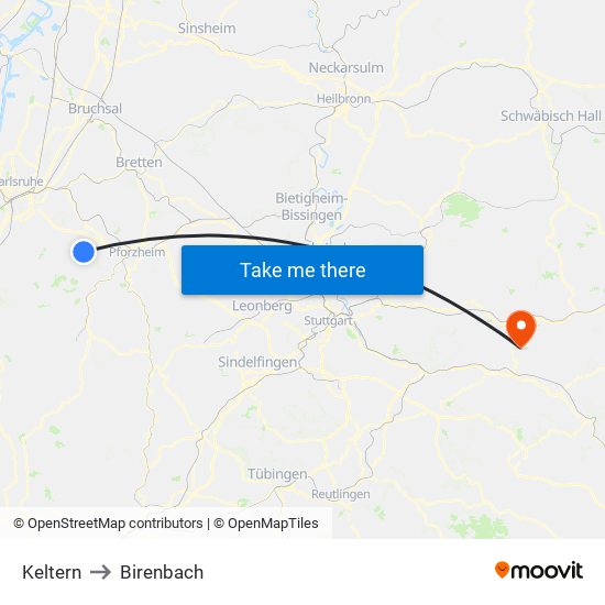 Keltern to Birenbach map