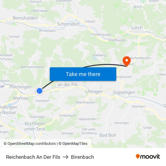 Reichenbach An Der Fils to Birenbach map