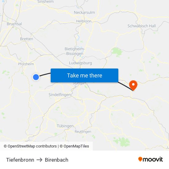 Tiefenbronn to Birenbach map