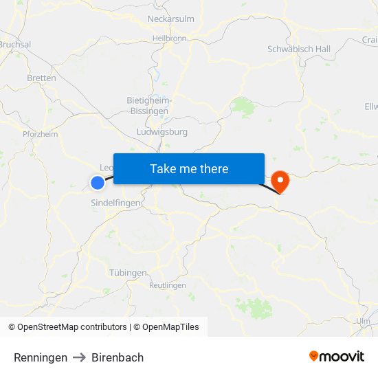 Renningen to Birenbach map