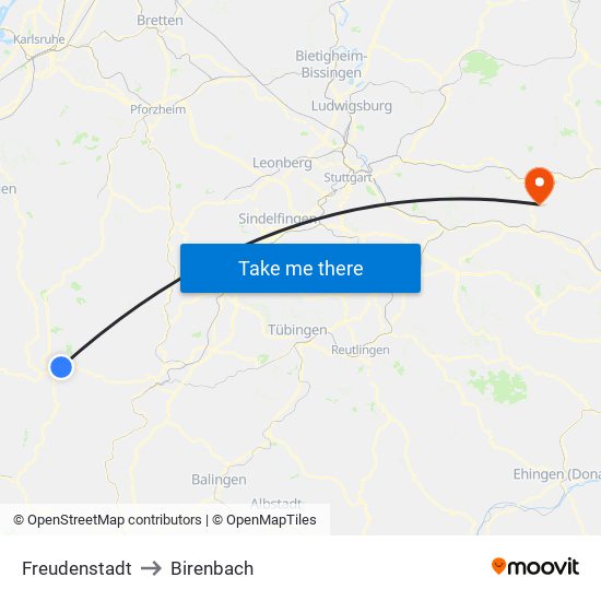 Freudenstadt to Birenbach map