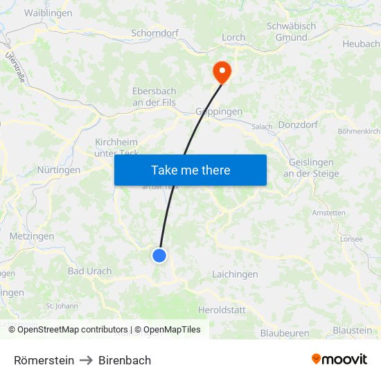 Römerstein to Birenbach map