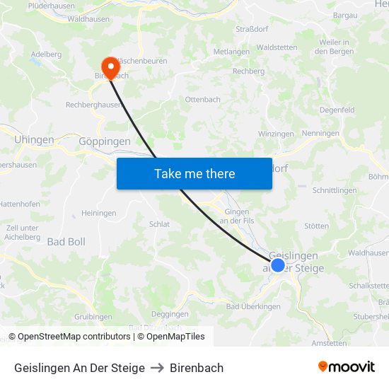 Geislingen An Der Steige to Birenbach map