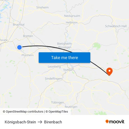 Königsbach-Stein to Birenbach map