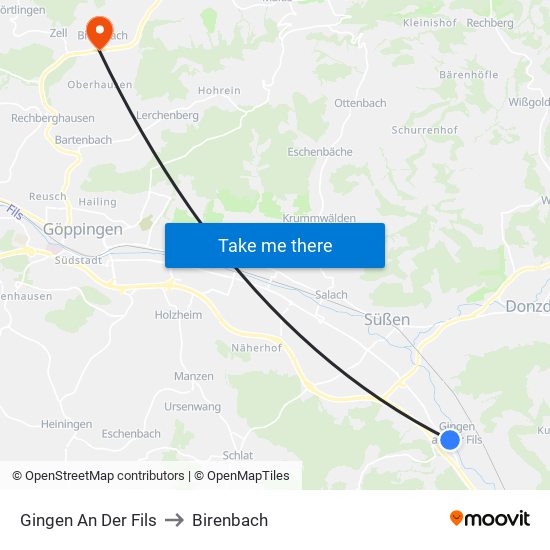 Gingen An Der Fils to Birenbach map