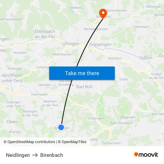 Neidlingen to Birenbach map