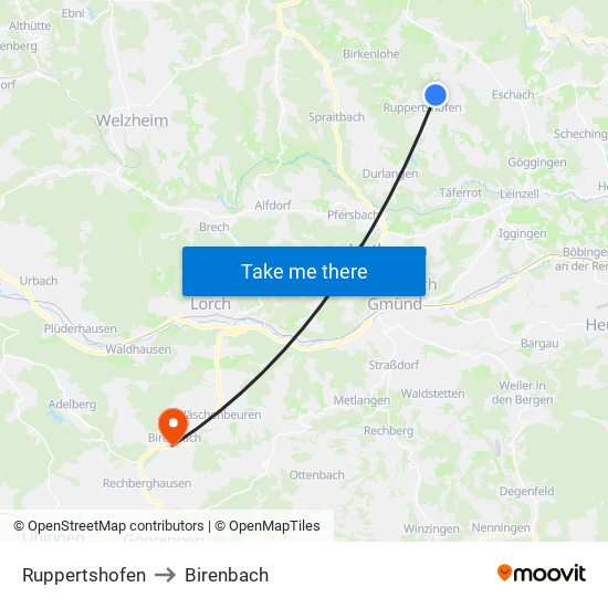 Ruppertshofen to Birenbach map