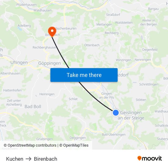 Kuchen to Birenbach map