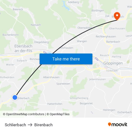 Schlierbach to Birenbach map