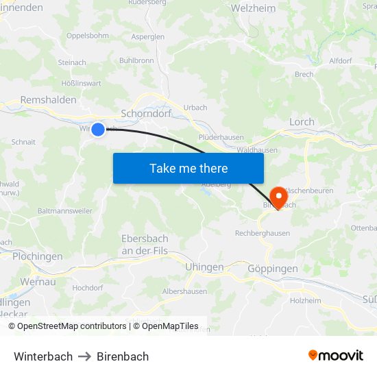 Winterbach to Birenbach map