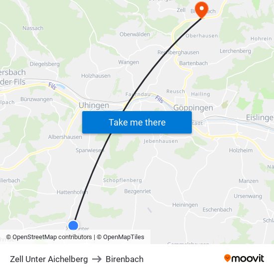 Zell Unter Aichelberg to Birenbach map